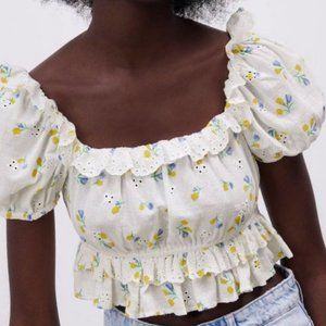 NEW Zara Floral Embroidered Eyelet Ruffle Crop Top